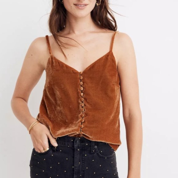 Madewell Tops - Madewell NWT velvet, spaghetti strap front button top size 10 cinnamon brown.